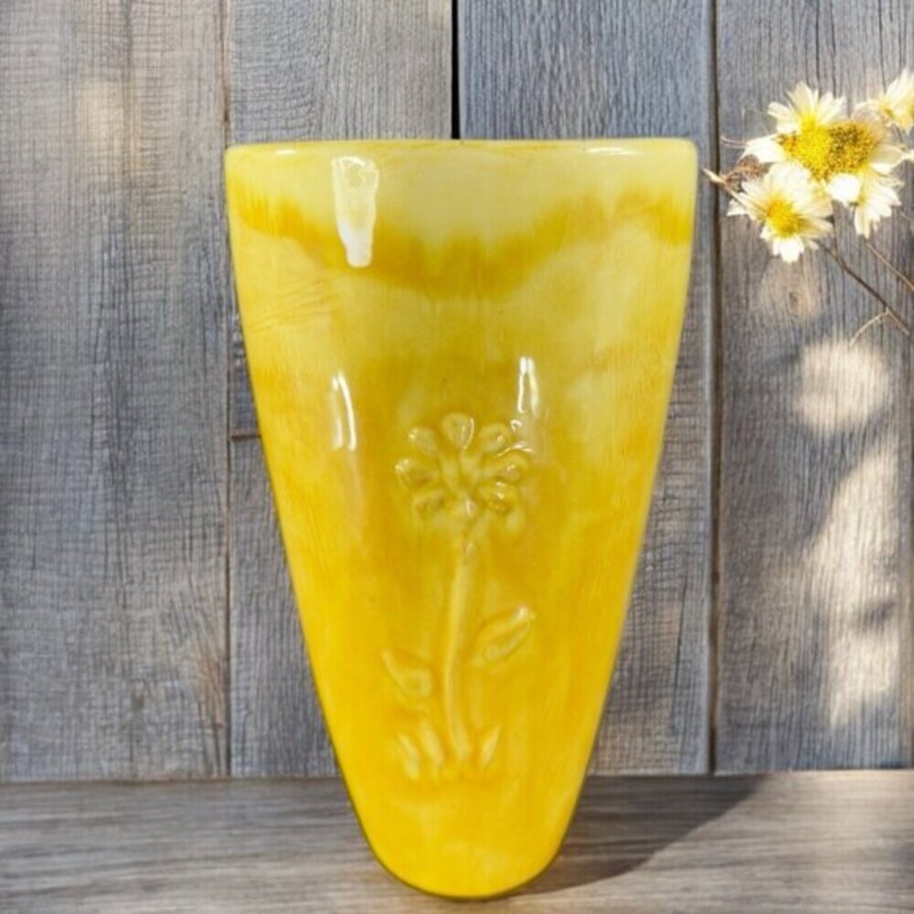Antique Tall Yellow Pottery Vase‎ Embossed Flower USA Hand Made Vase Vessel VTG